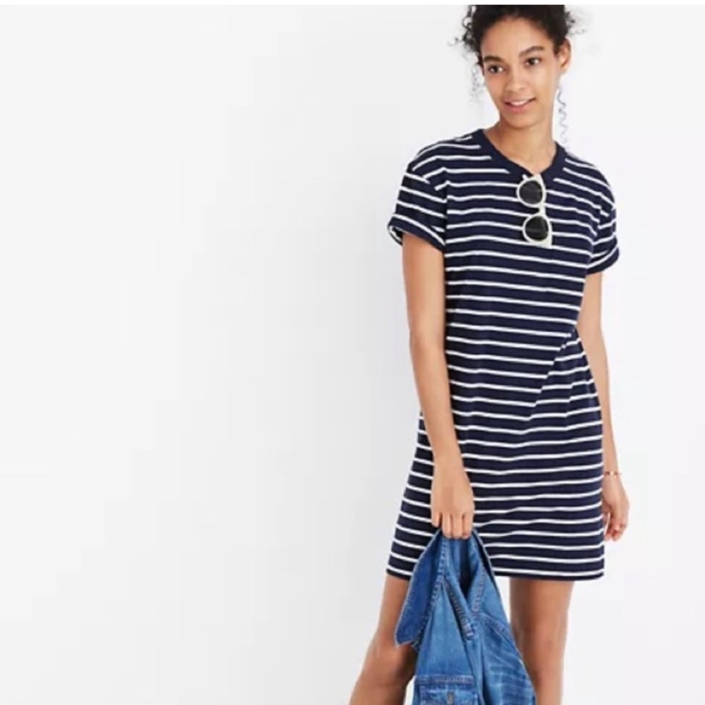 Madewell Navy Blue and White Striped T-shirt Dress Size XS